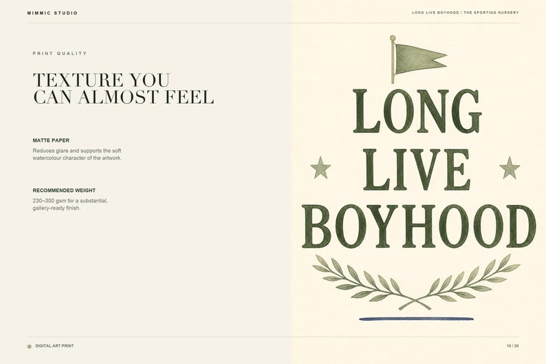 May include: A digital art print featuring the text LONG LIVE BOYHOOD in dark green serif font. The design includes a small flag icon at the top, two stars on the sides, and a laurel wreath at the bottom. The background is a light cream color.
