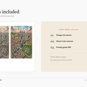 May include: A digital art set titled MADRID featuring two city map illustrations, one in vintage ink and one in vibrant color. The text lists 2 print-ready JPG files, vintage ink artwork, vibrant color artwork, and a printing guide PDF.