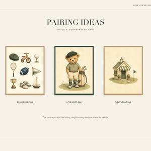 K&ouml;nnte beinhalten: Eine digitale Kunstdruck-Pr&auml;sentation mit dem Titel PAIRING IDEAS. Das Bild zeigt drei gerahmte Illustrationen: links Sport-Symbole, in der Mitte einen Teddyb&auml;ren als Golfer und rechts ein kleines Golfclubhaus auf einer Rasenfl&auml;che.