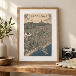 K&ouml;nnte beinhalten: Ein gerahmter Kunstdruck mit einer Luftaufnahme von Barcelona und dem Text BARCELONA am oberen Rand. Die detaillierte Zeichnung zeigt das Stadtbild, ein Stadion, einen K&uuml;stenhafen und eine h&uuml;gelige Landschaft in erdigen Farbt&ouml;nen.