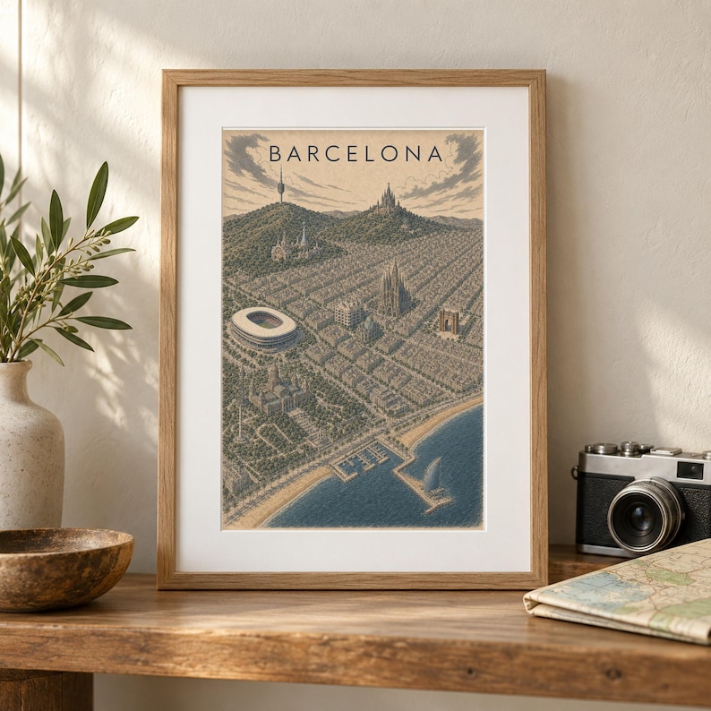 K&ouml;nnte beinhalten: Ein gerahmter Kunstdruck mit einer Luftaufnahme von Barcelona und dem Text BARCELONA am oberen Rand. Die detaillierte Zeichnung zeigt das Stadtbild, ein Stadion, einen K&uuml;stenhafen und eine h&uuml;gelige Landschaft in erdigen Farbt&ouml;nen.