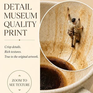 Informational graphic with text detailing museum quality print features alongside a zoomed-in circular crop of the climbing figure.