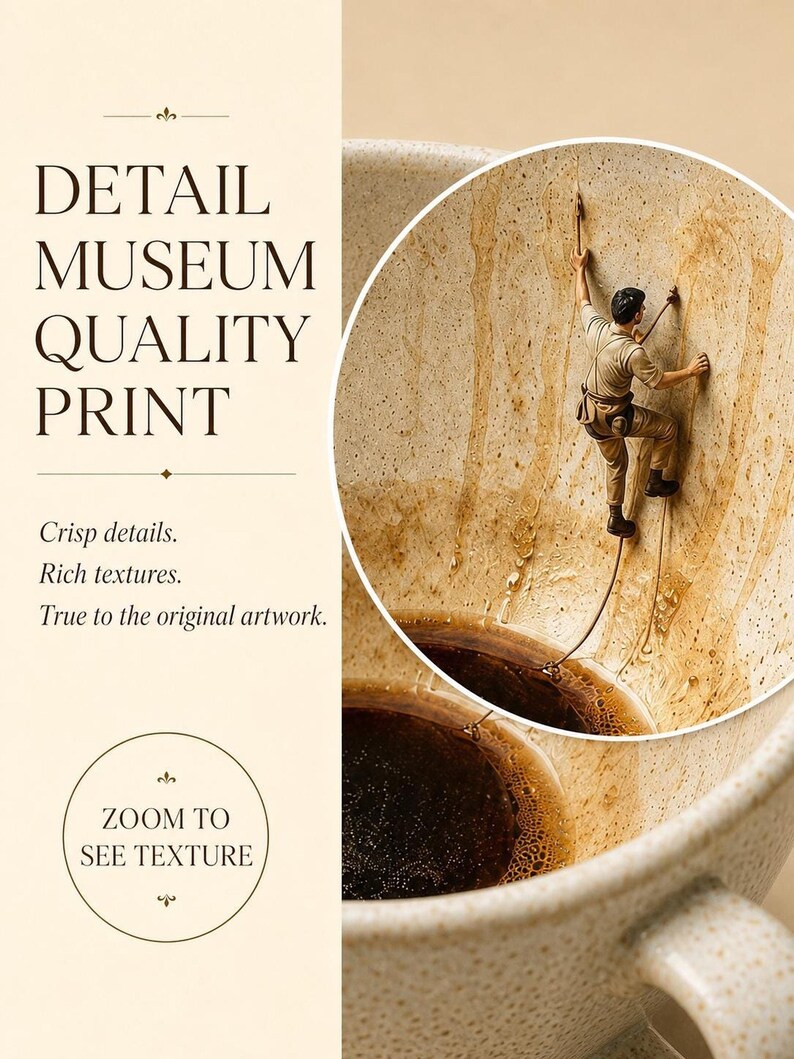 Informational graphic with text detailing museum quality print features alongside a zoomed-in circular crop of the climbing figure.