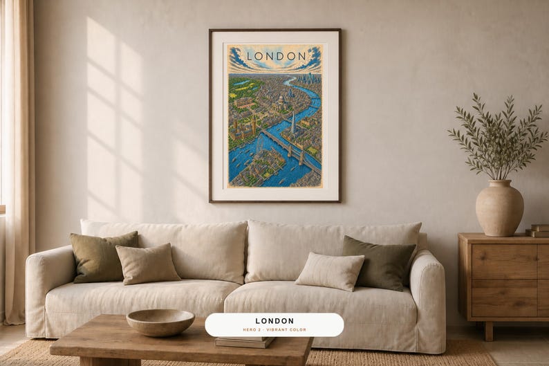 Pu&ograve; includere: Una stampa d'arte verticale incorniciata che presenta un'illustrazione aerea di Londra con la parola LONDON stampata in alto. L'opera mostra il fiume Tamigi che serpeggia attraverso la citt&agrave; con acqua blu, parchi verdi e edifici dettagliati in tonalit&agrave; marroni.