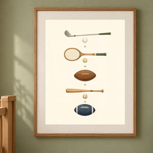May include: A framed vertical wall art print featuring a series of sports equipment illustrations arranged in a column. The items include a golf club, a tennis racket, a brown football, a wooden baseball bat, and a blue football, separated by stars.