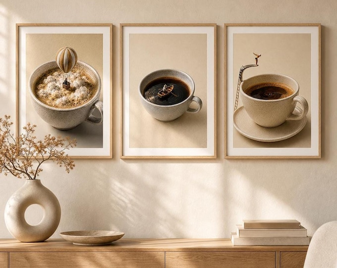 Coffee Gallery Wall Set Of 3 Prints, Whimsical Digital Download Art