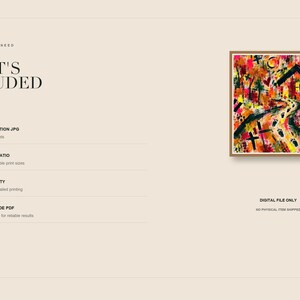 An informational digital slide titled What's Included displaying a framed square abstract artwork on the right and feature lists on the left.