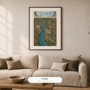Peut inclure: Une impression d'art verticale encadr&eacute;e repr&eacute;sentant une carte illustr&eacute;e de Rome avec le mot ROME imprim&eacute; en haut. L'&oelig;uvre montre une rivi&egrave;re bleue sinueuse traversant un paysage urbain d&eacute;taill&eacute; avec divers b&acirc;timents, structures et espaces verts.