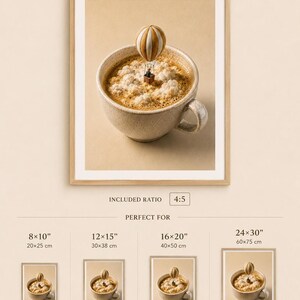 Infographic showing the 4:5 ratio size options for the hot air balloon coffee art print with matching dimensions listed below each frame.