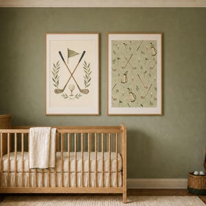May include: Two framed wall art prints featuring golf-themed illustrations. The left print displays crossed golf clubs, a flag, and a ball framed by leaves. The right print shows a repeating pattern of golf clubs, bags, flags, and balls.