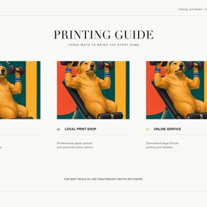 A printing guide slide displays three options for bringing the artwork home: at home, local print shop, and online service.