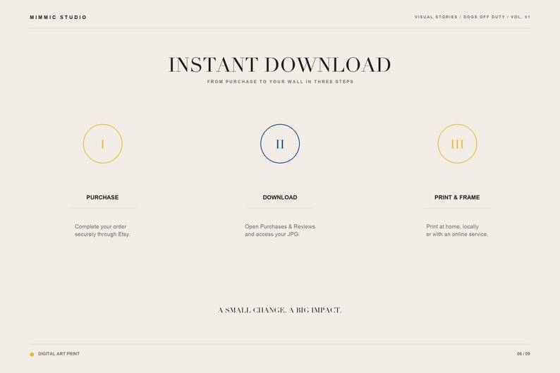 Instant download guide slide outlining purchase, download, and print steps marked by Roman numerals.