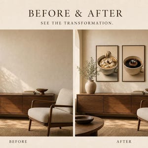 A before and after graphic showing a blank living room wall on the left labeled before, and the same wall decorated with three framed surreal coffee art prints on the right labeled after.