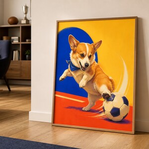 A framed vertical art print of a corgi kicking a soccer ball leans against a white wall in a living room.