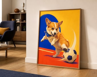 Décoration murale Corgi, illustration amusante de chien footballeur, décoration colorée pour chambre d'enfant sur le thème du sport, à imprimer