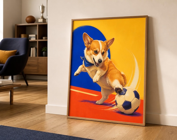Dog Sports Wall Art with Corgi, Soccer Dog Print, Colorful Kids Room Decor