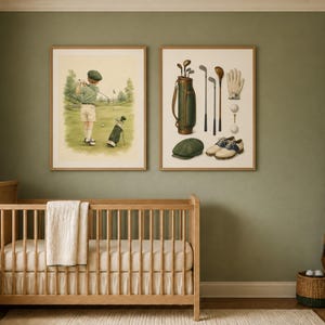 May include: Two framed wall art prints featuring golf themes. The left print shows a golfer on a green course. The right print displays a golf bag, clubs, a glove, two golf balls, a pair of golf shoes, and a flat cap, all set against a white background.