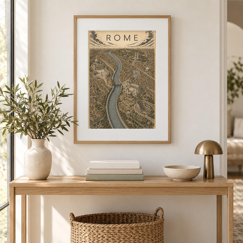 K&ouml;nnte beinhalten: Ein gerahmter Wandkunstdruck mit einer detaillierten, sepiafarbenen Luftaufnahme von Rom, Italien, bei der sich der Tiber durch die Stadt schl&auml;ngelt. Das Wort ROME ist in schwarzen Gro&szlig;buchstaben oben auf dem Vintage-Kartenkunstwerk gedruckt.