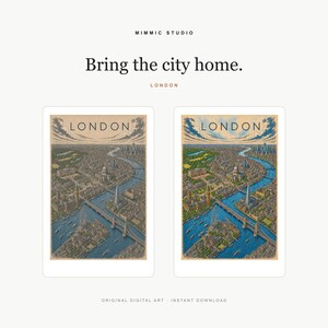 Pu&ograve; includere: Due stampe artistiche rettangolari che presentano un'illustrazione aerea dettagliata di Londra con il testo "LONDON" in alto. Le stampe sono visualizzate su uno sfondo semplice con il testo "MIMMIC STUDIO", "Bring the city home." e "LONDON" sopra.