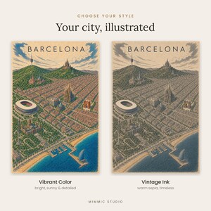K&ouml;nnte beinhalten: Zwei illustrierte Poster von Barcelona, eines in leuchtenden Farben und eines in Vintage-Tinte, mit einer Luftaufnahme der Stadt und dem Text "CHOOSE YOUR STYLE", "Your city, illustrated", "BARCELONA", "Vibrant Color" und "Vintage Ink".
