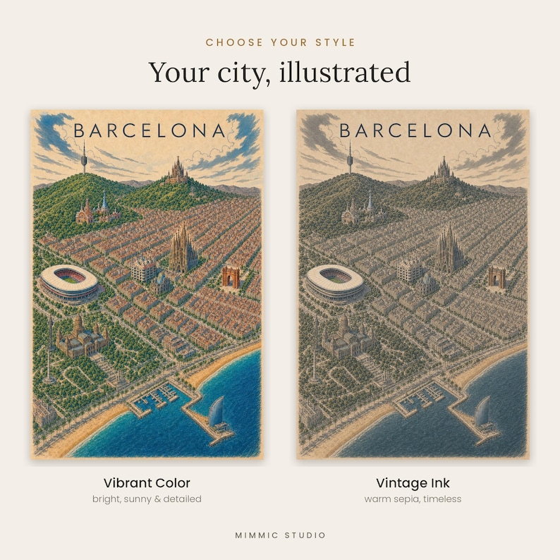 K&ouml;nnte beinhalten: Zwei illustrierte Poster von Barcelona, eines in leuchtenden Farben und eines in Vintage-Tinte, mit einer Luftaufnahme der Stadt und dem Text "CHOOSE YOUR STYLE", "Your city, illustrated", "BARCELONA", "Vibrant Color" und "Vintage Ink".