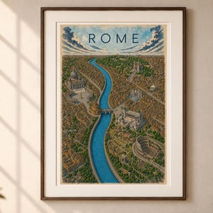 Peut inclure: Une impression d'art encadr&eacute;e pr&eacute;sentant une illustration a&eacute;rienne de Rome avec le mot ROME imprim&eacute; en haut. L'image repr&eacute;sente une rivi&egrave;re bleue sinueuse traversant un paysage urbain dense avec des monuments, des arbres et un ciel nuageux.