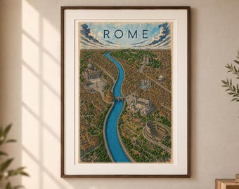 Rome Illustrated City Map, Vintage and Color Rome Travel Poster, Italy Wall Art, Printable Download
