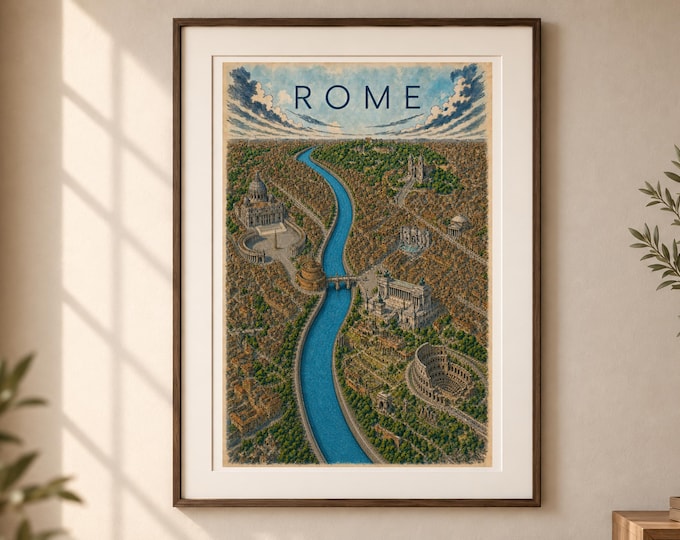 Rome Map Printable Wall Art, Vintage & Color Italian City Poster, Travel Decor, Digital Download
