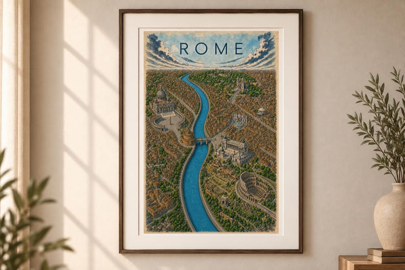 Peut inclure: Une impression d'art encadr&eacute;e pr&eacute;sentant une illustration a&eacute;rienne de Rome avec le mot ROME imprim&eacute; en haut. L'image repr&eacute;sente une rivi&egrave;re bleue sinueuse traversant un paysage urbain dense avec des monuments, des arbres et un ciel nuageux.