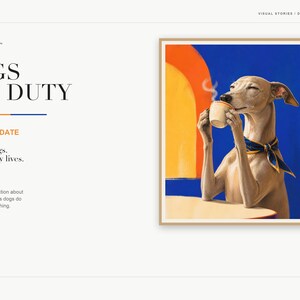 A product listing slide displaying the text Dogs Off Duty and The Coffee Date next to the featured dog art print.