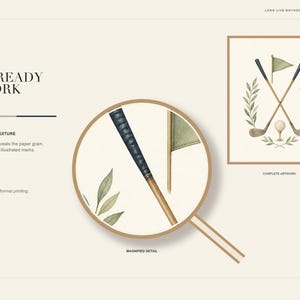 May include: A digital art print featuring a watercolor illustration of two crossed golf clubs, a golf ball on a tee, and a flag, framed by leafy branches. A circular magnifying glass overlay shows a close-up of the club handle and flag texture.