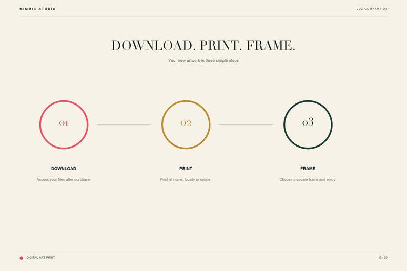 Three-step instruction graphic titled download print frame with numbered circles in pink, gold, and dark green.