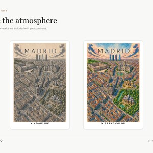 May include: Two digital art prints of Madrid city maps with the text "TWO MOODS ONE CITY", "Choose the atmosphere", "MADRID", "VINTAGE INK", "VIBRANT COLOR", and "MIMMIC STUDIO". One print features a sepia-toned ink style, while the other displays full-color details.