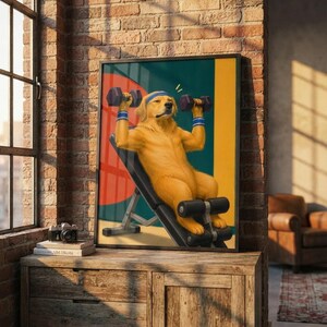 Golden Retriever Art, Colorful Printable Gym Poster with Dumbbells shown in an AI-generated listing photo