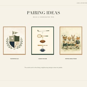 May include: A digital art print titled CHOOSE YOUR GAME featuring a vertical arrangement of a golf club, tennis racket, football, baseball bat, and rugby ball with small balls between them, centered between two other prints on a light background.