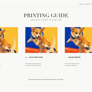 Printing guide slide showing three methods to bring the artwork home: at home, local print shop, and online service.