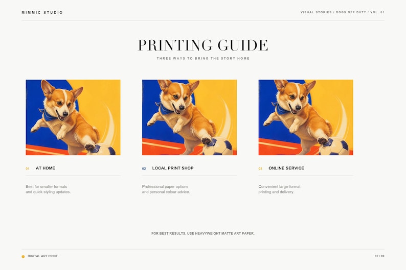 Printing guide slide showing three methods to bring the artwork home: at home, local print shop, and online service.