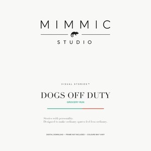 A title slide for Mimic Studio featuring the brand logo and the text Dogs Off Duty Grocery Run centered on a light background.