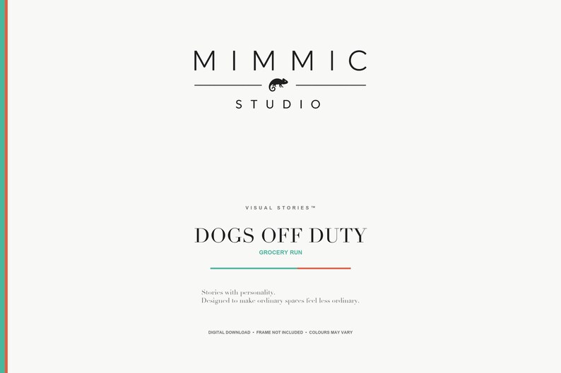 A title slide for Mimic Studio featuring the brand logo and the text Dogs Off Duty Grocery Run centered on a light background.
