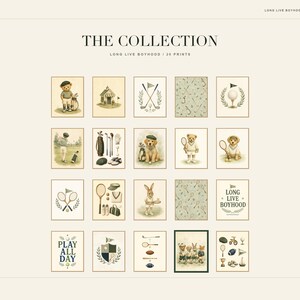 Puede incluir: Una colecci&oacute;n de veinte impresiones de arte digital titulada THE COLLECTION LONG LIVE BOYHOOD. La cuadr&iacute;cula muestra ilustraciones de osos de peluche, conejos y perros practicando deportes como golf y tenis, junto a equipamiento deportivo.