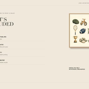 May include: A digital art print featuring a collection of vintage-style sporting icons including a flat cap, wooden balance bike, golf tee, tennis racket, football, pennant, trophy, sneakers, and a sailboat, presented in a framed rectangular layout.