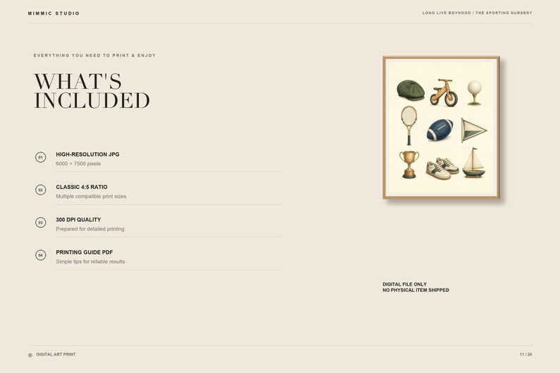 May include: A digital art print featuring a collection of vintage-style sporting icons including a flat cap, wooden balance bike, golf tee, tennis racket, football, pennant, trophy, sneakers, and a sailboat, presented in a framed rectangular layout.