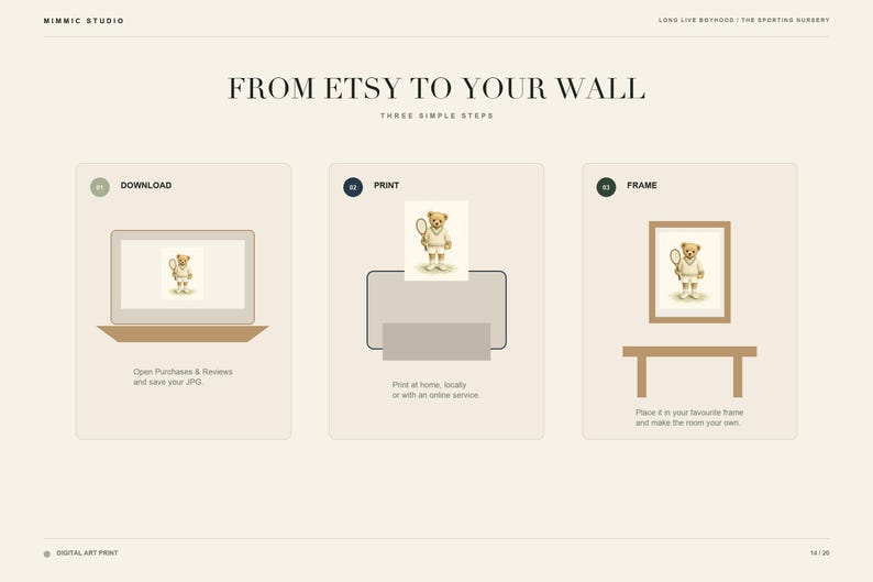 May include: An instructional graphic titled FROM ETSY TO YOUR WALL showing three steps: download a digital file on a laptop, print the image of a teddy bear holding a tennis racket, and frame the printed artwork to display on a wall.
