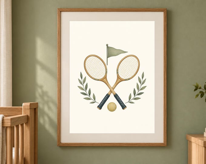 Tennis Nursery Print with Match Point, Vintage Preppy Boy Wall Art, Printable Download