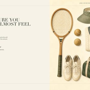 May include: A digital art print featuring a wooden tennis racket, two tennis balls, a green visor, a cream cable-knit sweater with navy and green trim, a pair of cream sneakers, and a green duffel bag with cream straps, labeled MIMMICK STUDIO.