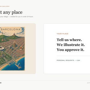 May include: A digital art service interface featuring a poster of Barcelona with a city grid, coastline, and landmarks. Text includes: The world is your gallery, Request any place, Tell us where. We illustrate it. You approve it. Mimmic Studio.
