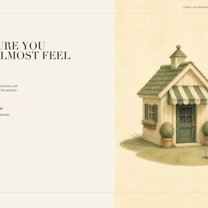 May include: A digital art print featuring a small house with a green roof, striped awning, and a dark green door. The scene includes two potted shrubs, a golf flag, and a golf ball on a patch of grass. Text includes "TEXTURE YOU CAN ALMOST FEEL".