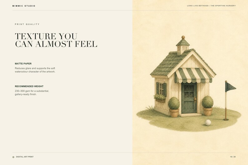 May include: A digital art print featuring a small house with a green roof, striped awning, and a dark green door. The scene includes two potted shrubs, a golf flag, and a golf ball on a patch of grass. Text includes "TEXTURE YOU CAN ALMOST FEEL".