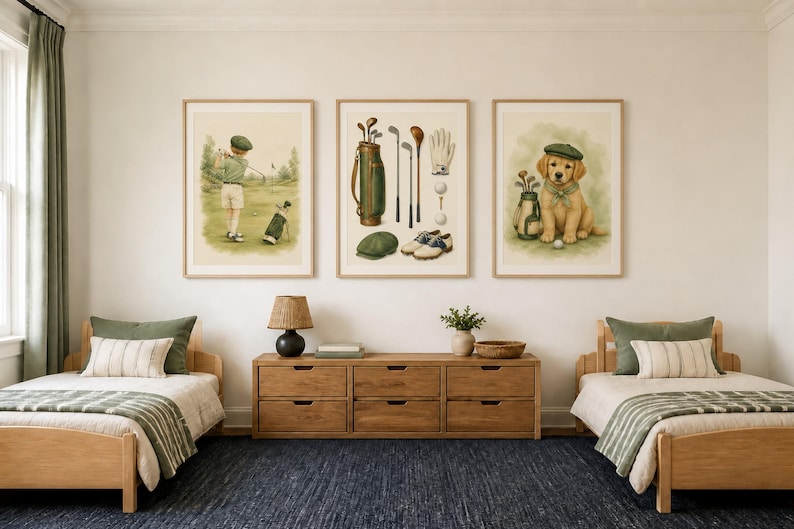 May include: Three framed wall art prints featuring golf-themed illustrations. The left print shows a person golfing, the center print displays golf equipment including a bag, clubs, and shoes, and the right print depicts a puppy wearing a golf cap.