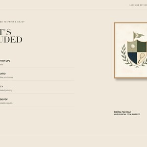 Puede incluir: Una ficha de arte digital con el texto WHAT'S INCLUDED, HIGH-RESOLUTION JPG 6000 x 7500 pixels, CLASSIC 4:5 RATIO, 300 DPI QUALITY y PRINTING GUIDE PDF. Una ilustraci&oacute;n enmarcada muestra un escudo con una pelota de golf y una raqueta.